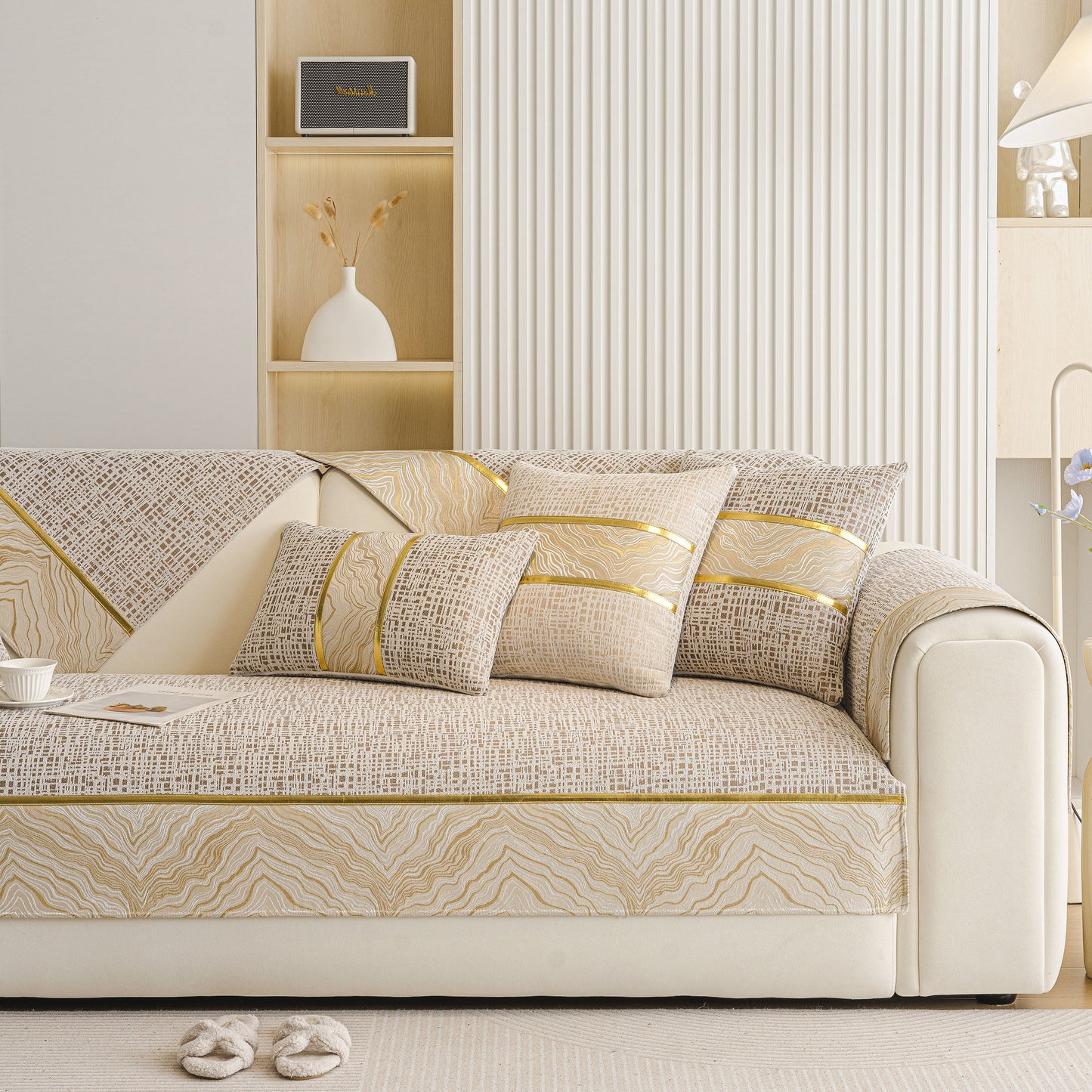 Modern Non-Slip Couch Slipcover, Soft, Durable & Washable Furniture Protector featuring a chenille cover with gold marble-style trim.