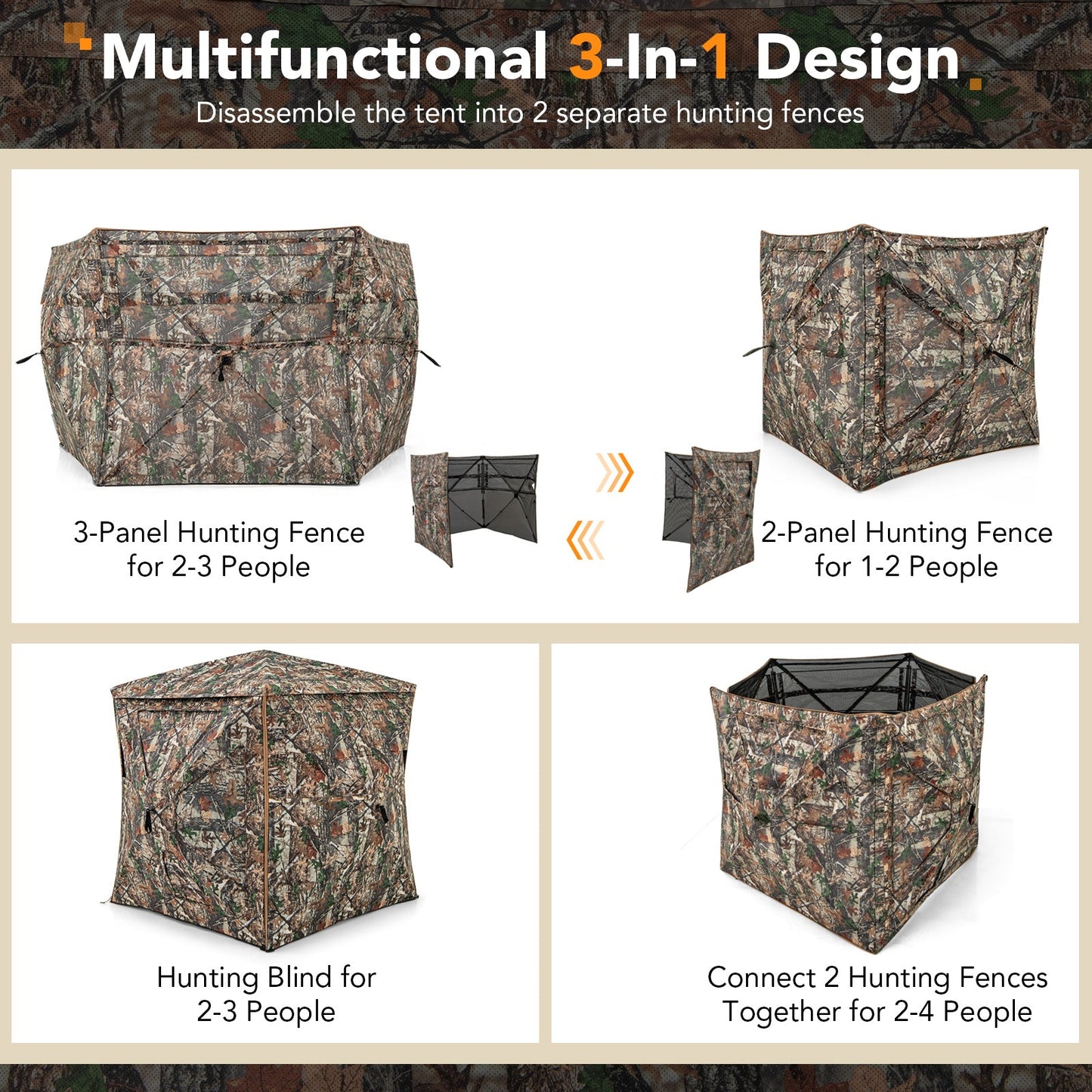 Multifunctional 3-in-1 design showing detachable hunting blinds and fences for 2-3 people.