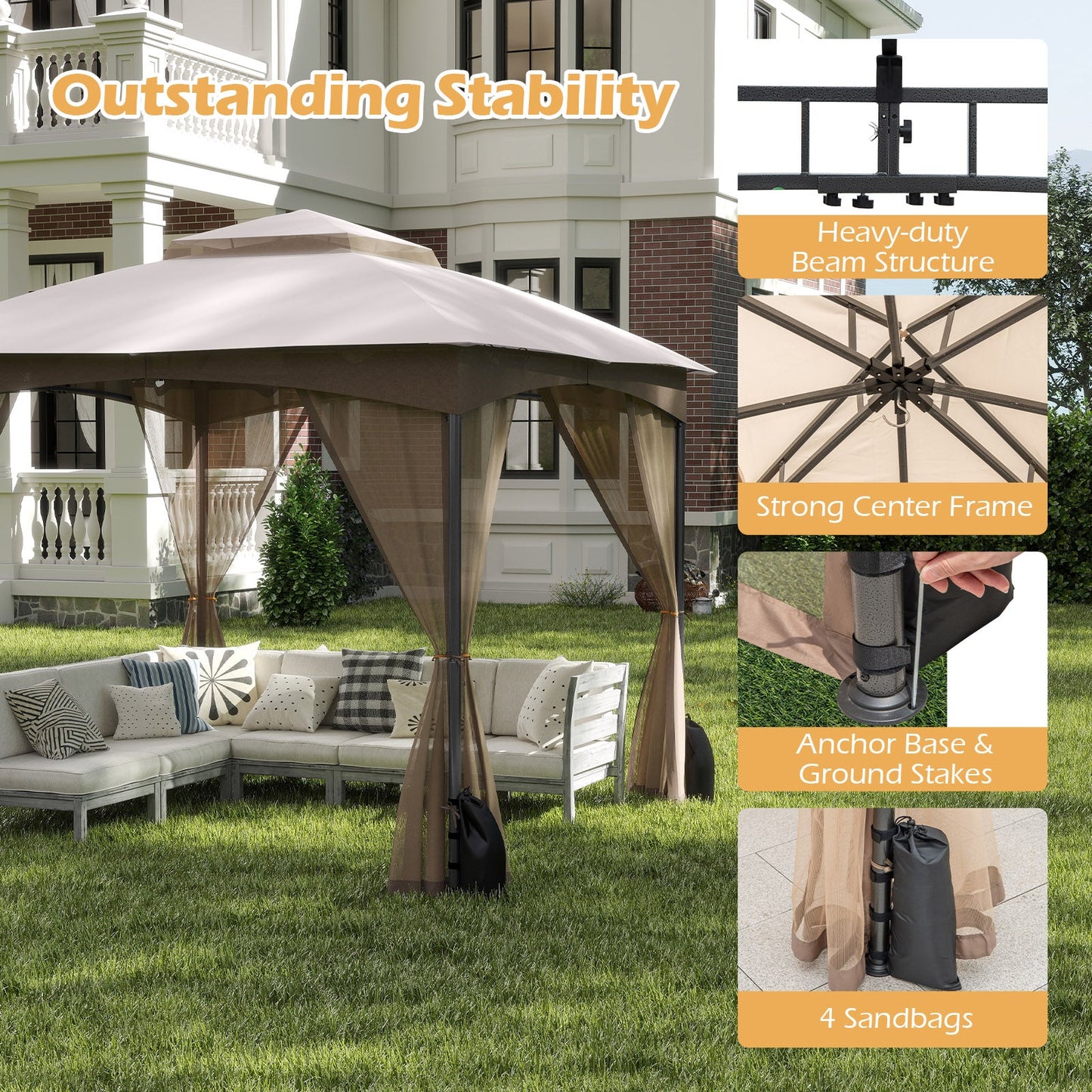 10 X 10 FT Heavy-Duty Patio Gazebo with Netting Walls and 4 Sandbags-Khaki featuring mesh sidewalls and sturdy frame