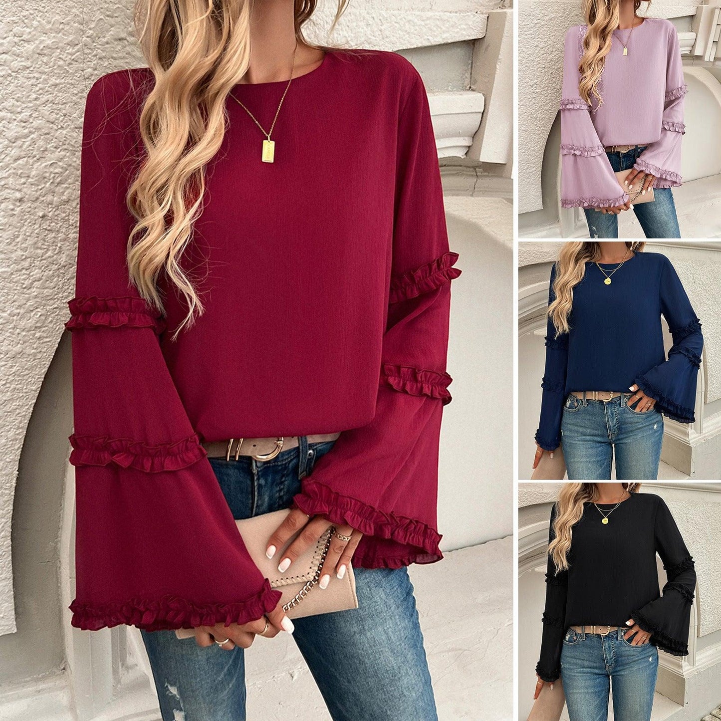 Elegant Socialite Trumpet Sleeved Top – Stylish Ruffled Blouse for Trendy Women in various colors
