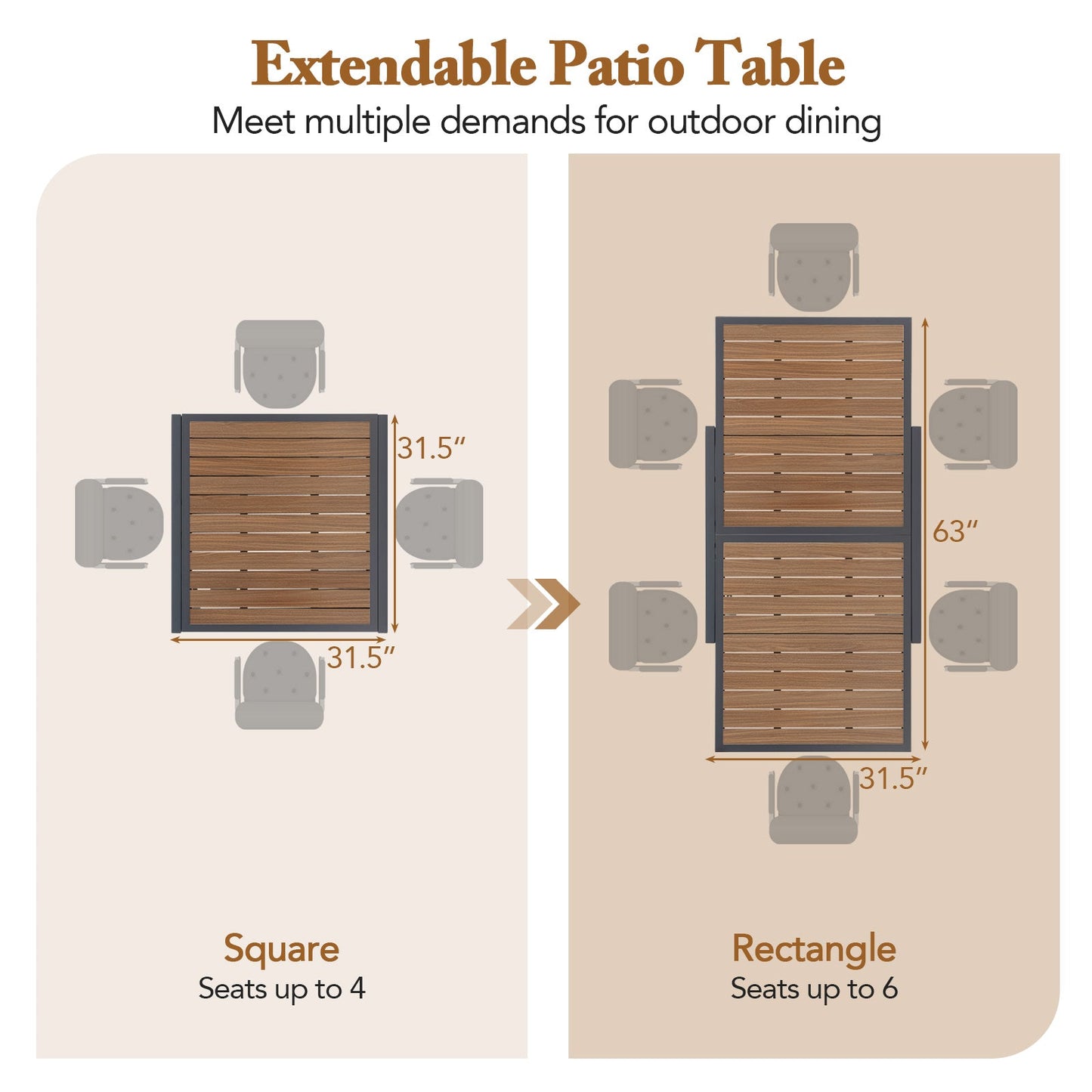 Diagram of 31.5-63 Inches Extendable Patio Table for 4-6 People-Natural showcasing square and rectangular seating options.