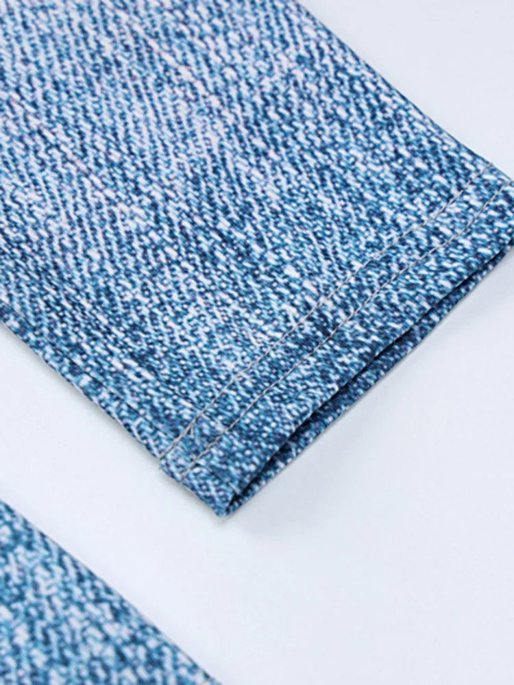 Close-up of denim-inspired sleeve detail from Denim Illusion Long Sleeve Top – Comfortable & Stylish Cowgirl Wear.