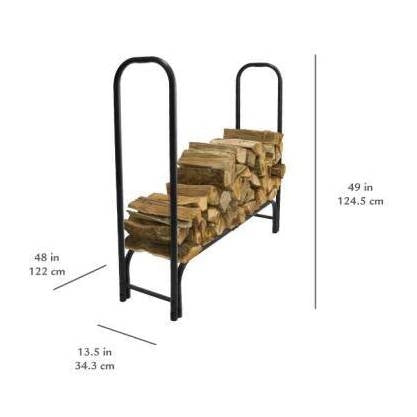 4-Ft Heavy Duty Steel Black Metal Firewood Rack - Easy to Assemble with firewood stacked, dimensions shown