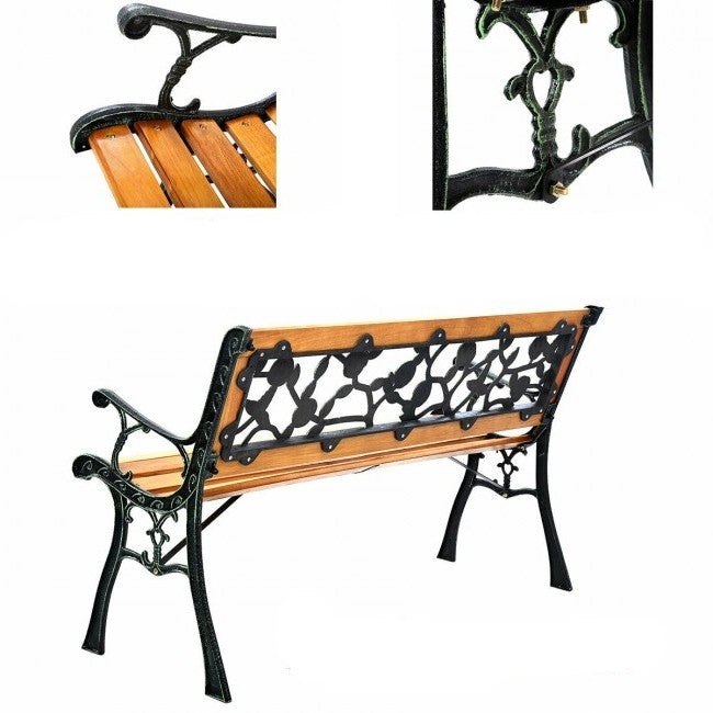 Flowers Outdoor Patio Park Cast Iron Garden Porch Chair Bench with durable wooden seat and decorative iron frame, perfect for outdoors.