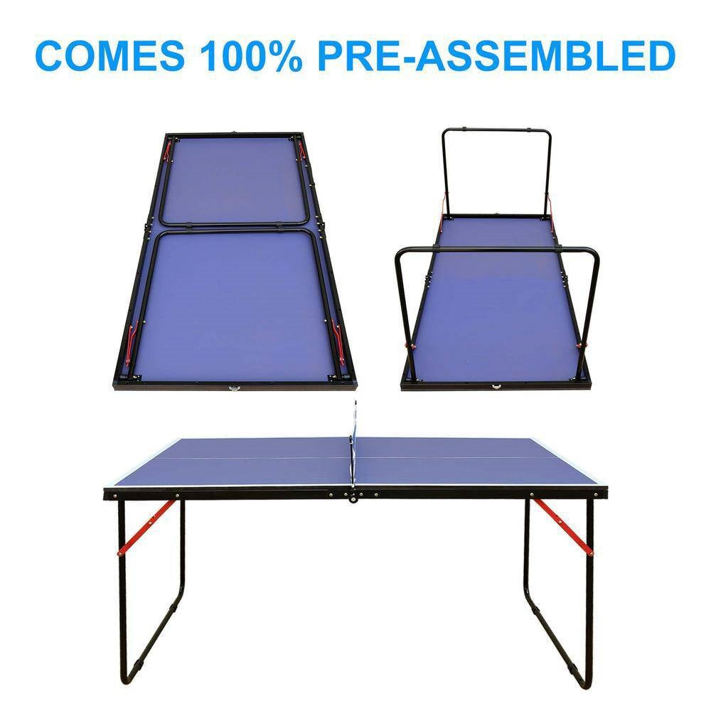 Folding 54-inch Blue Ping Pong Table Tennis Table Set with Net 2 and Paddles shown folded and unfolded