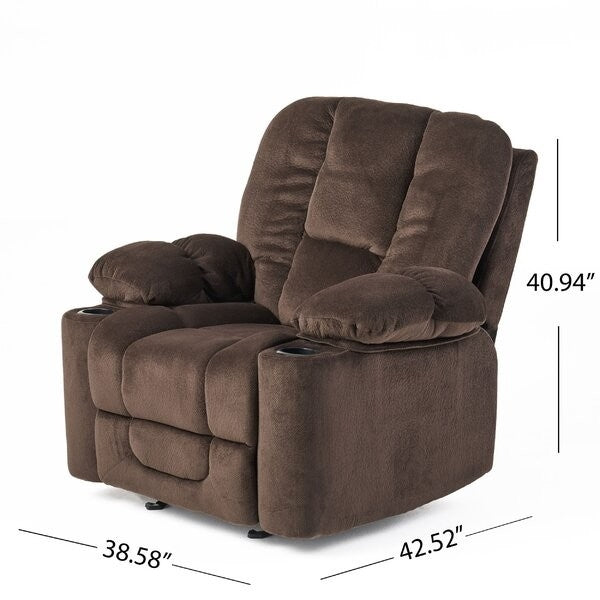Traditional Upholstered Manual Reclining Sofa Chair w/ 2 Cup Holders and Footrest Brown with dimensions shown