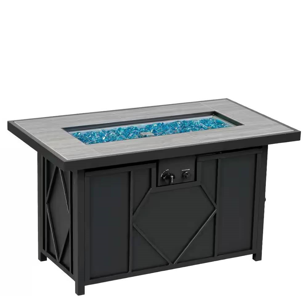 42-inch Outdoor Propane Gas Fire Pit Patio Table with Blue Fire Glass, featuring a zinc plated fire bowl and steel base for stability.