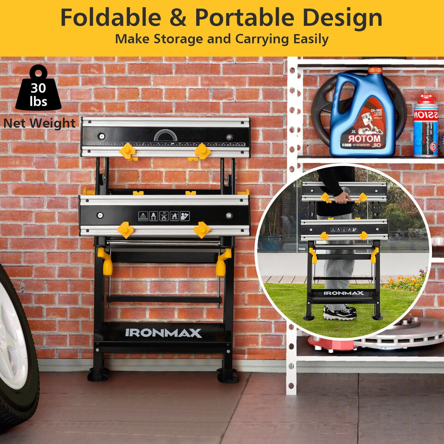 Folding Work Table with Tiltable Platform and 7-level Adjustable Height-Black showcased in garage setting, highlighting portability.