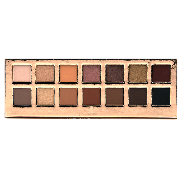 Go2 EARTH METALS - GES06 eyeshadow palette with 14 warm and cool neutral shades featuring matte, shimmer, and foiled finishes.
