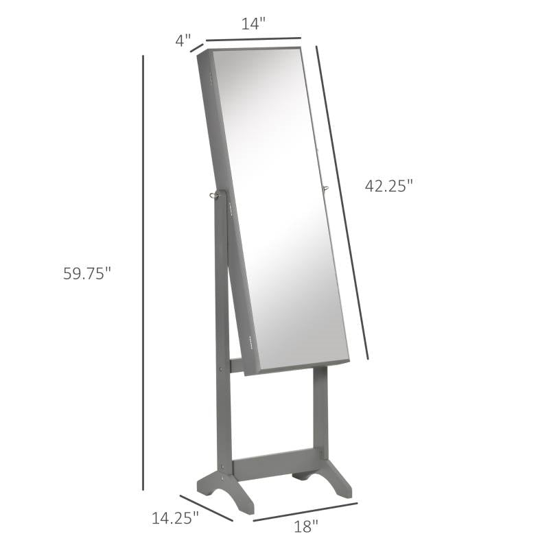 2-in-1 Jewelry Storage Cabinet Full Length Mirror in Gray Wood Finish with adjustable stand angles and ample jewelry slots