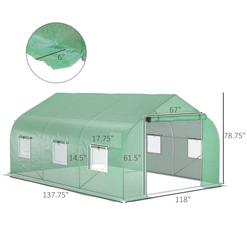 11.5 ft x 9.8 ft. Greenhouse with Green PE Cover and Heavy Duty Steel Frame, illustrating dimensions and structure
