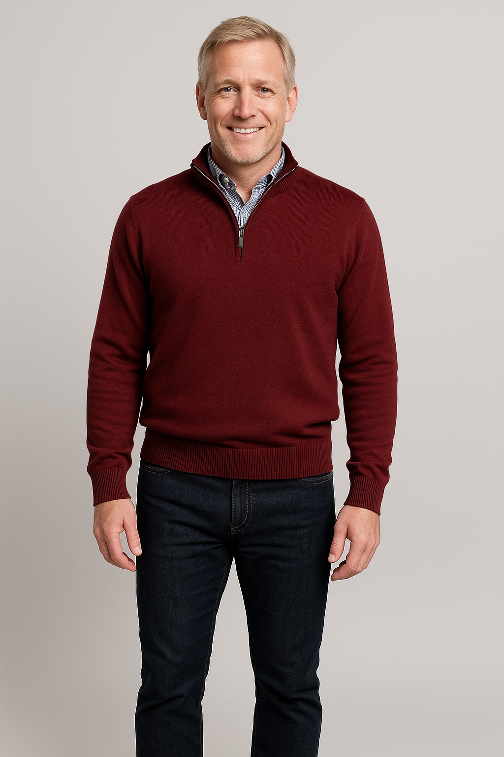 Man wearing a Merino Wool Quarter-Zip Sweater in Wine with ribbed cuffs, sleek zip-up collar, ideal for layering. Made in Italy 100% wool.