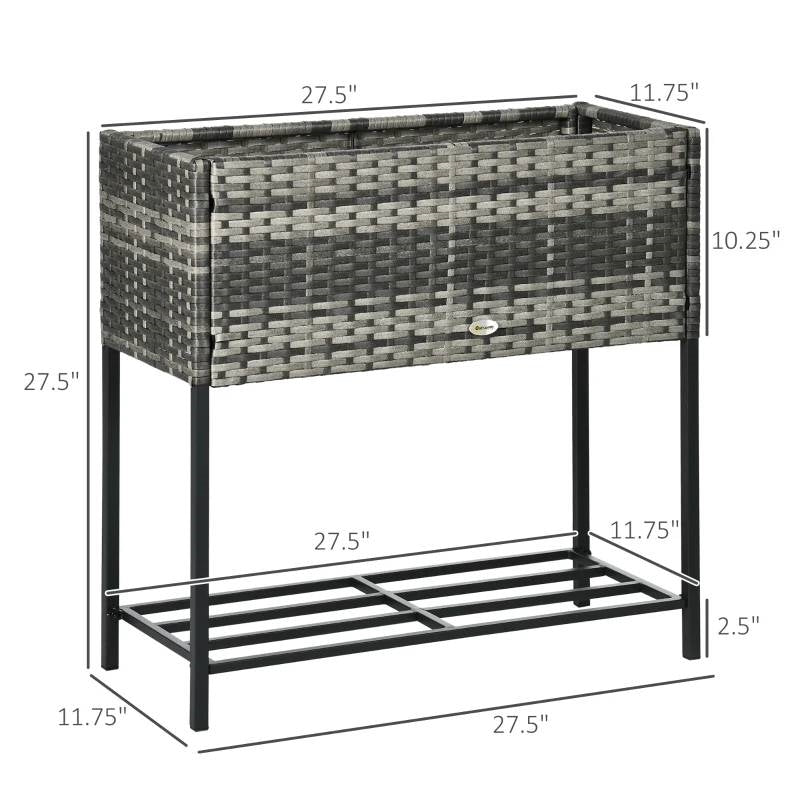 Grey Modern PE Rattan Wicker Raised Garden Bed Elevated Planter Box with dimensions displayed