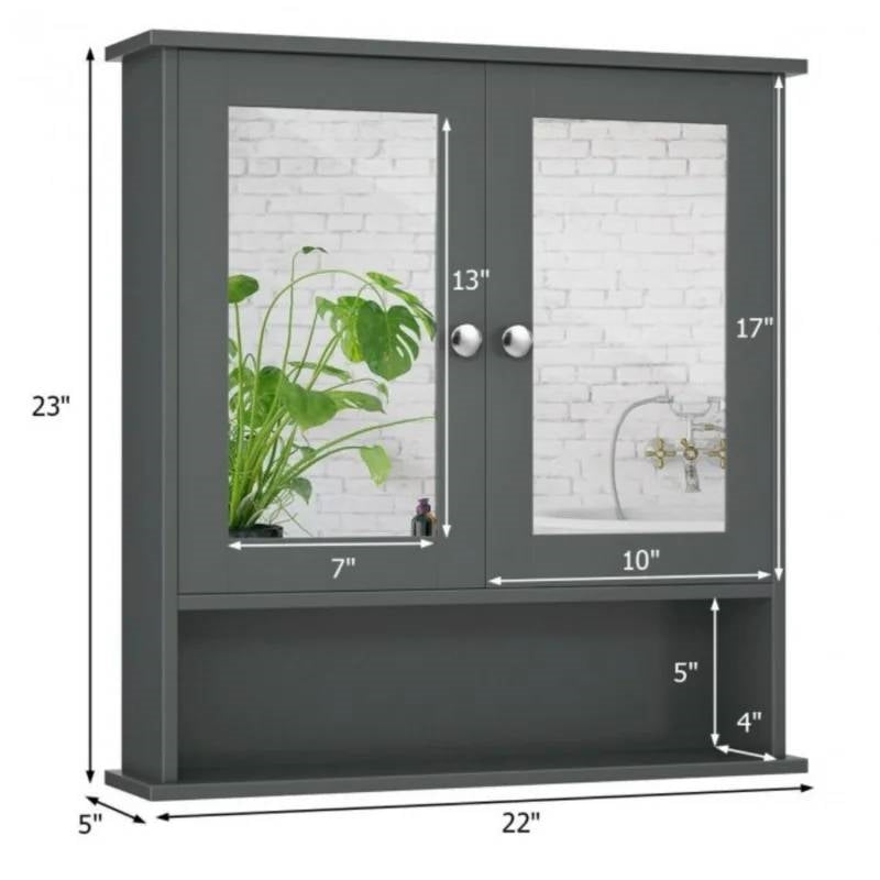 Grey Wood Bathroom Wall / Medicine Cabinet with Mirrored Doors and Shelf, perfect for organizing bathroom essentials with style.