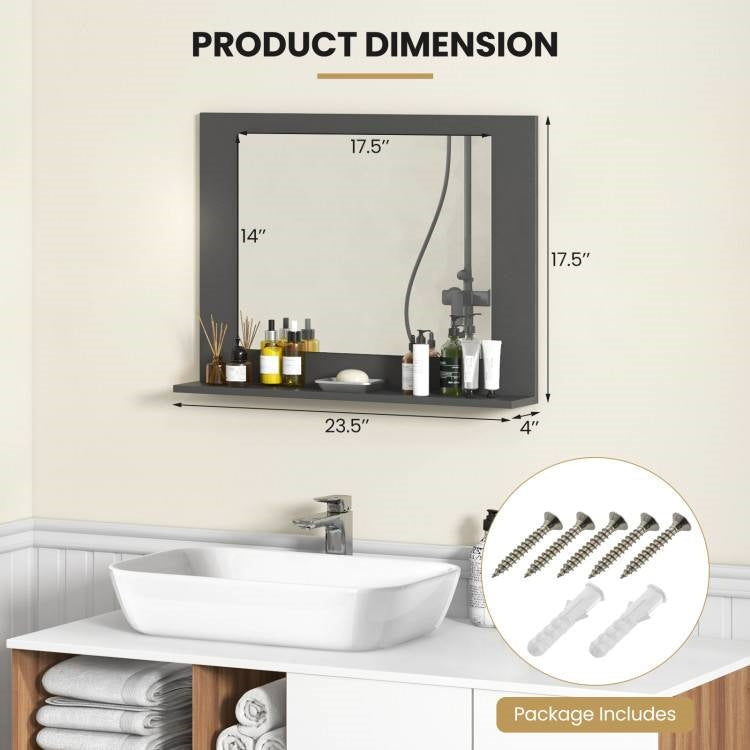 Rectangular 23 x 17 inch Bathroom Mirror with Storage Shelf in Grey Wood Finish shown above a sink with package includes
