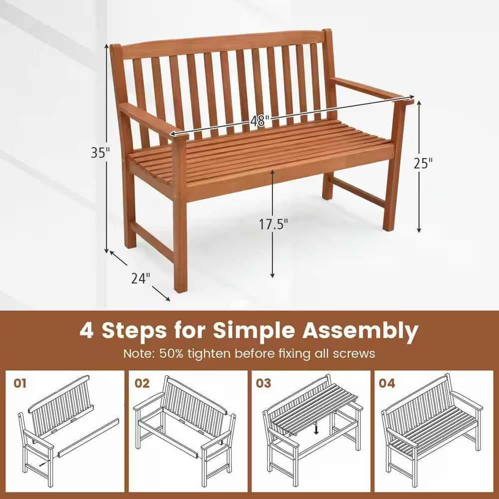 Solid Wood 4-Ft. Outdoor Patio Garden Bench - 800 lbs. Weight Capacity with simple assembly instructions shown.