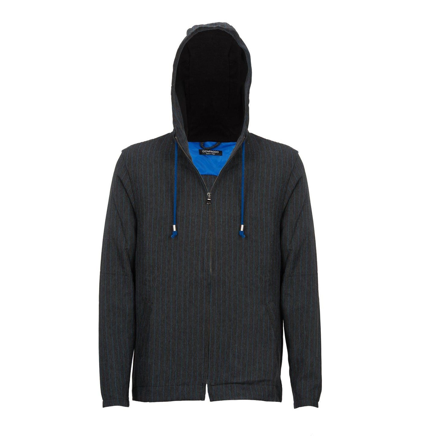 Cotton Fashion Hoodie with blue drawstring and pinstripe design, front-zip style, made in Italy, showcasing 100% cotton comfort.