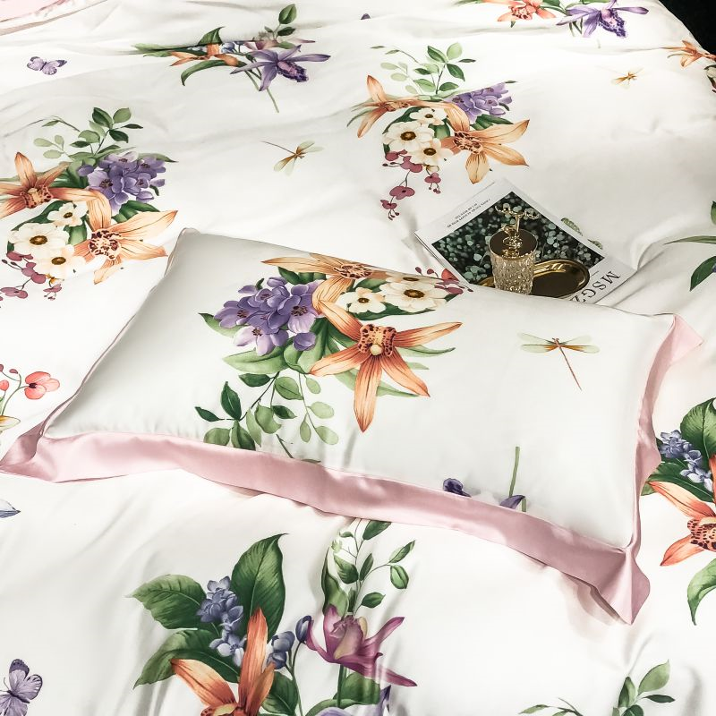 Blossom Duvet Cover Set (Eucalyptus Lyocell) featuring a floral design with soft pink and green hues, perfect for luxury bedroom décor.