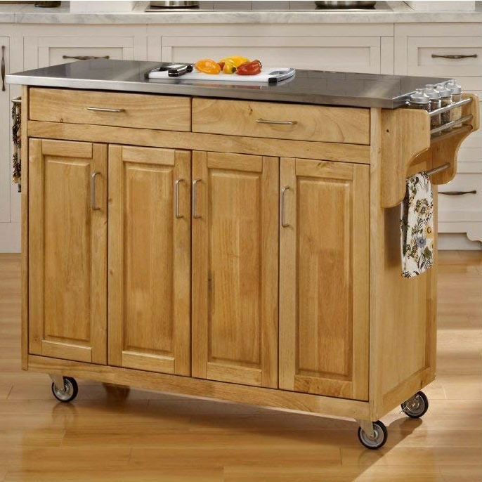Stainless Steel Top Wooden Kitchen Cart Island with Casters featuring multiple cabinets, drawers, spice rack, and towel holder on wheels.