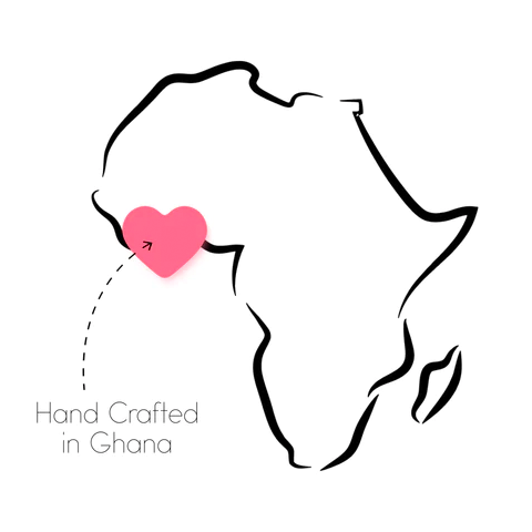 Outline of Africa with pink heart over Ghana, text 'Hand Crafted in Ghana'