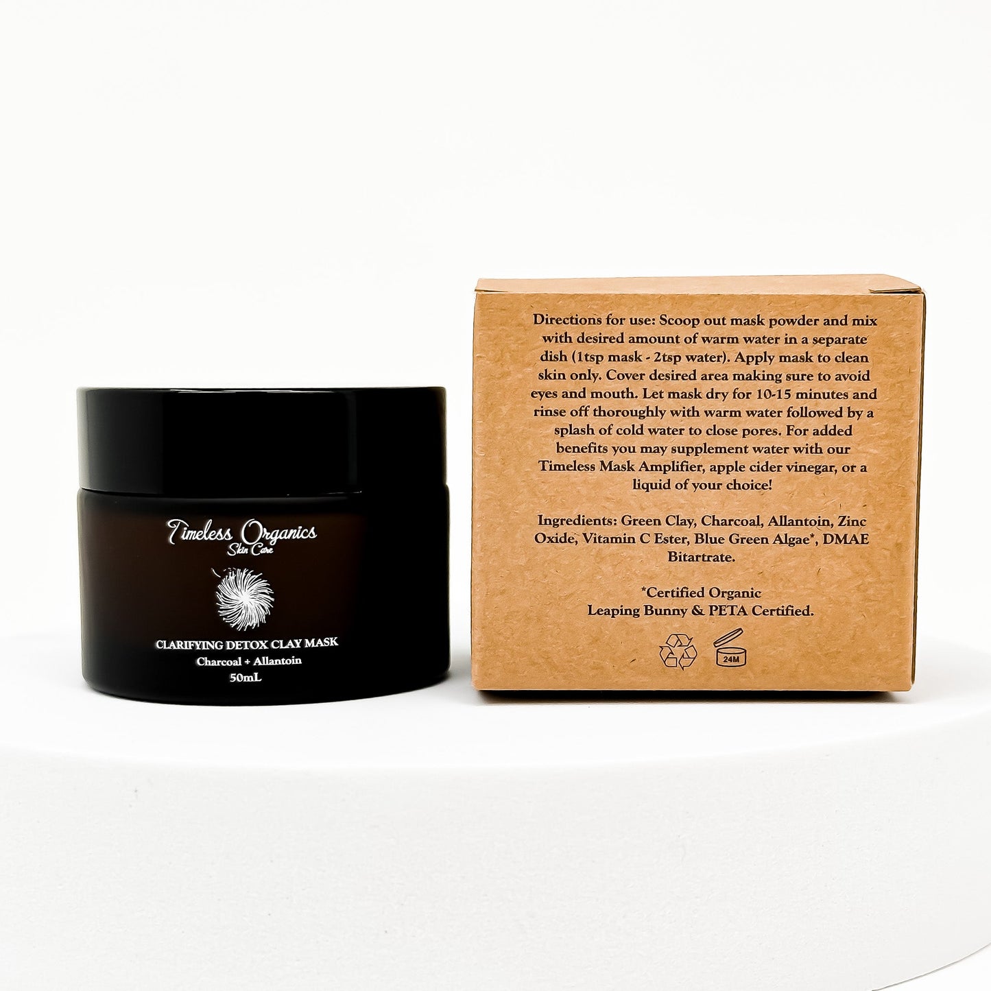 Clarifying Detox Clay Mask jar with box, made from Italian Green Clay, Blue Green Algae, and vegan DMAE, for deep cleansing and revitalization.