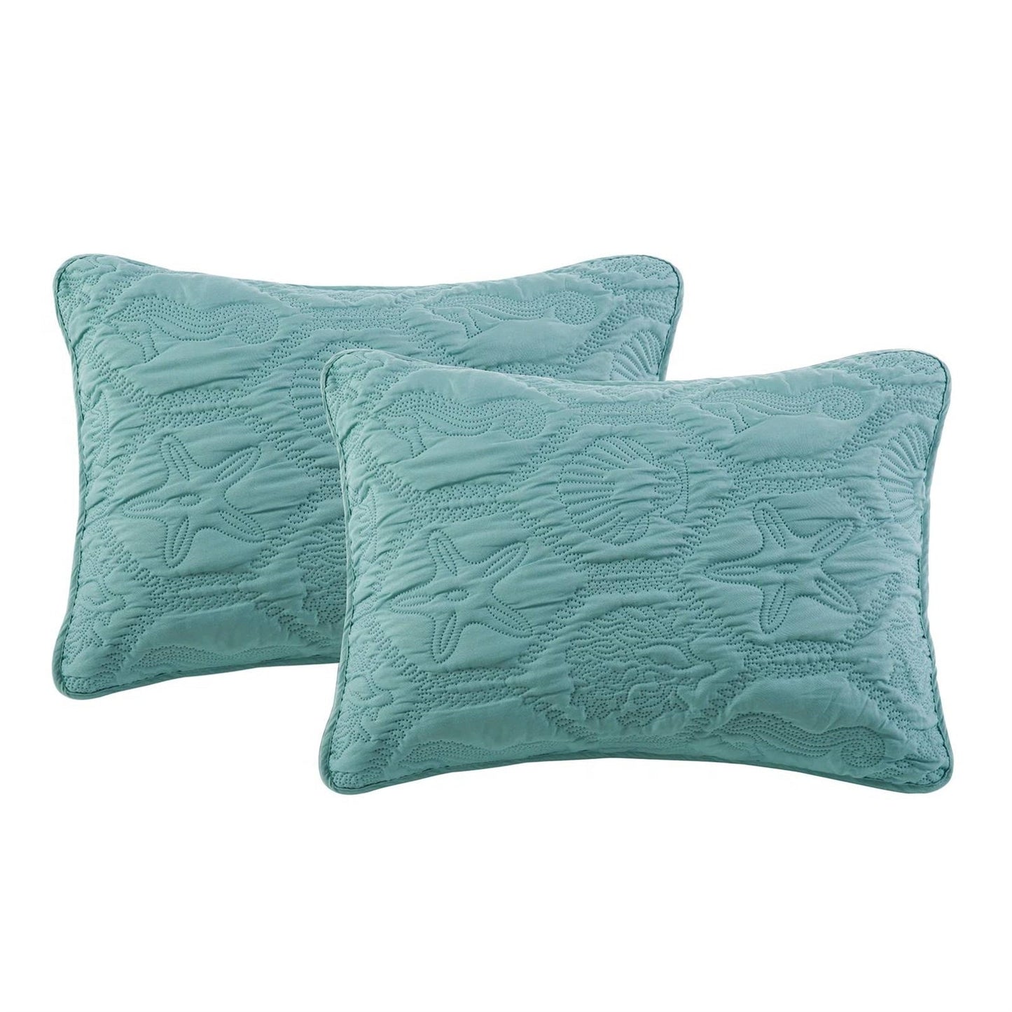 King Coastal Beach Starfish Seashell Seahorse Aqua Blue Teal 3-Piece Quilt Set shams with embossed sea life pattern
