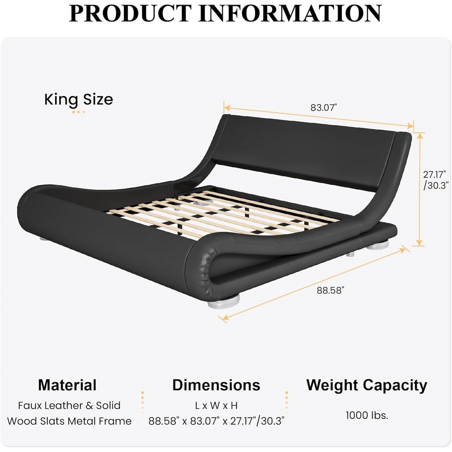 King Modern Black Upholstered Platform Bed Frame with Sleigh Curved Headboard in king size dimensions and materials
