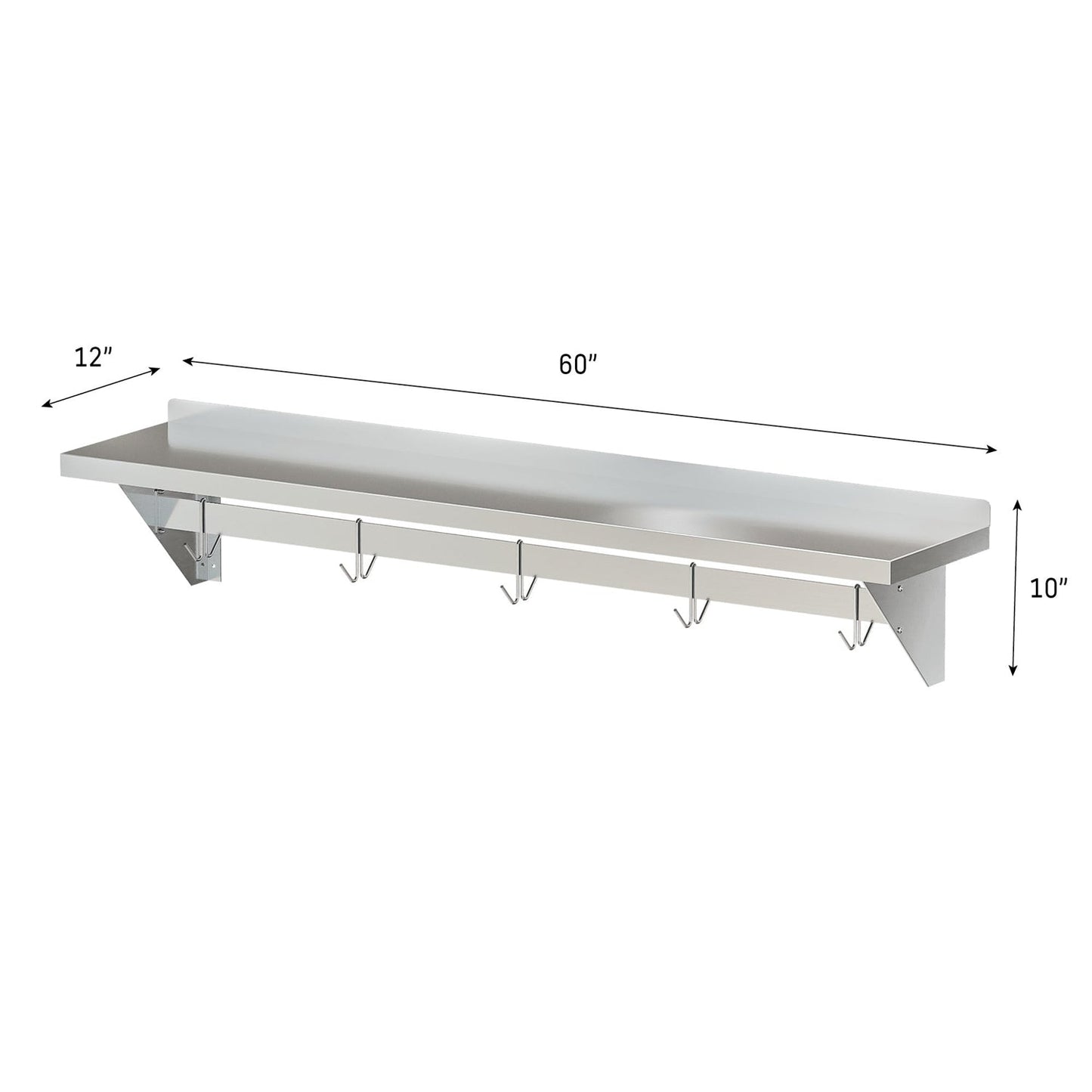 Stainless Steel Heavy Duty Wall Shelf with Pot Rack - 12 inches x 60 inches featuring hooks for kitchen storage and organization.