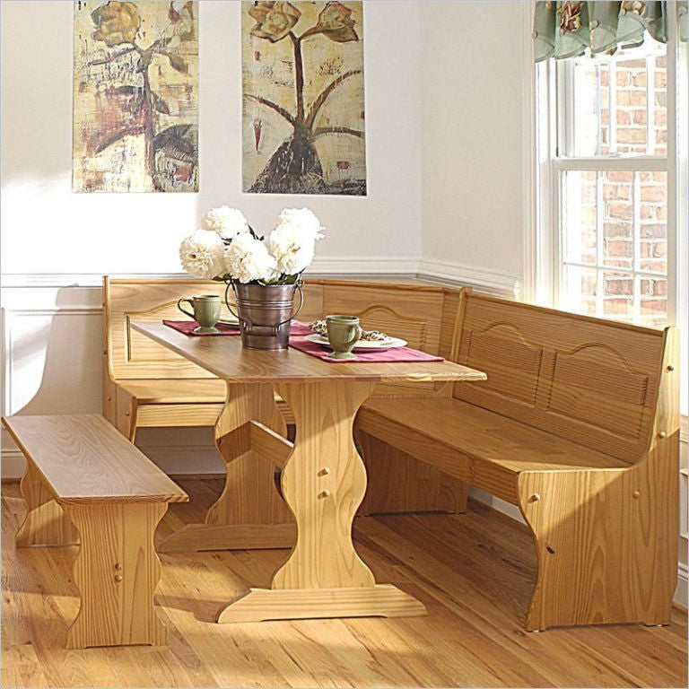 Reversible 3-Piece Corner Dining Set Light Honey Natural Wood Finish in a cozy kitchen corner.