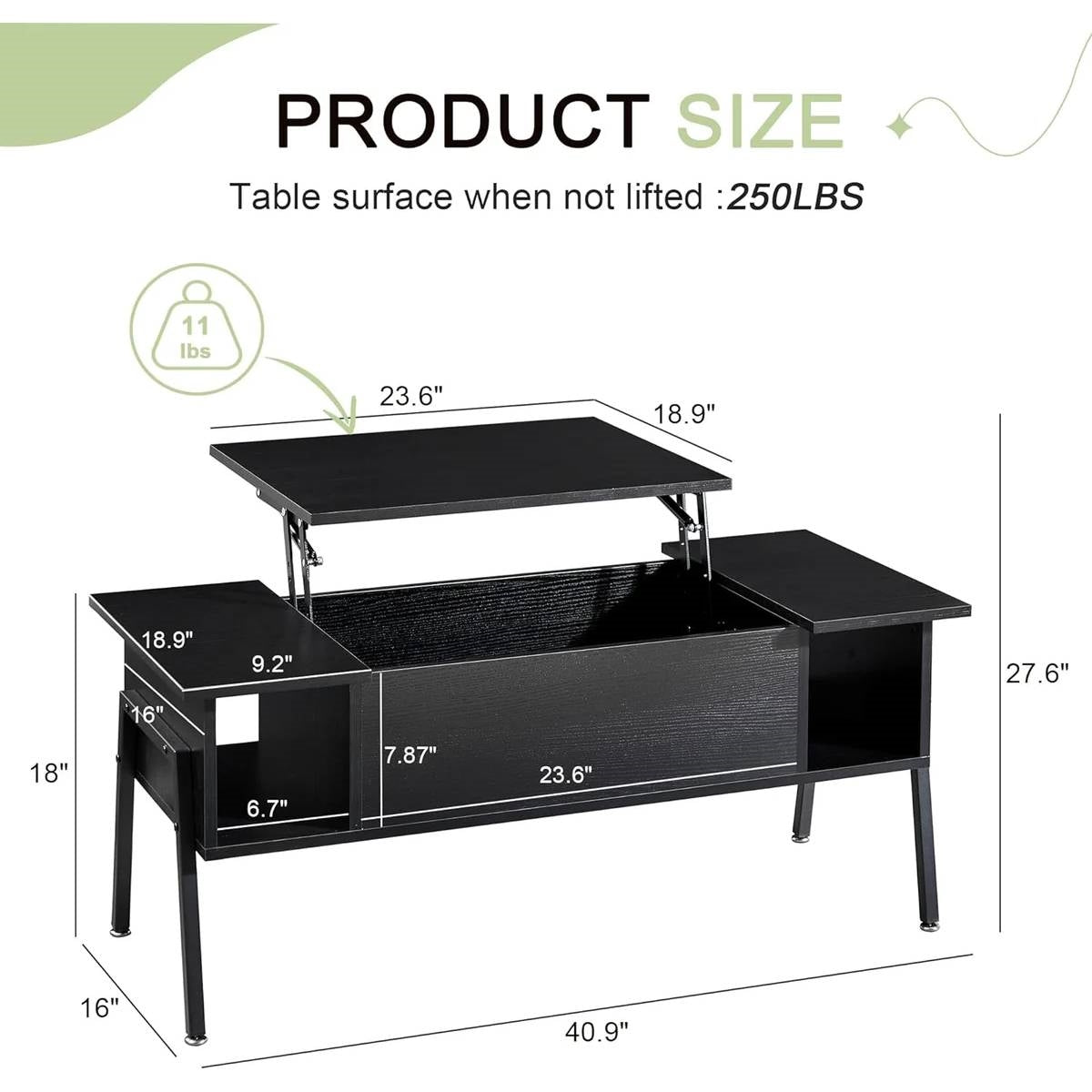 Modern Lift-Top Coffee Table Laptop Desk with Storage Shelf in Black Wood Finish showing dimensions and weight capacity.