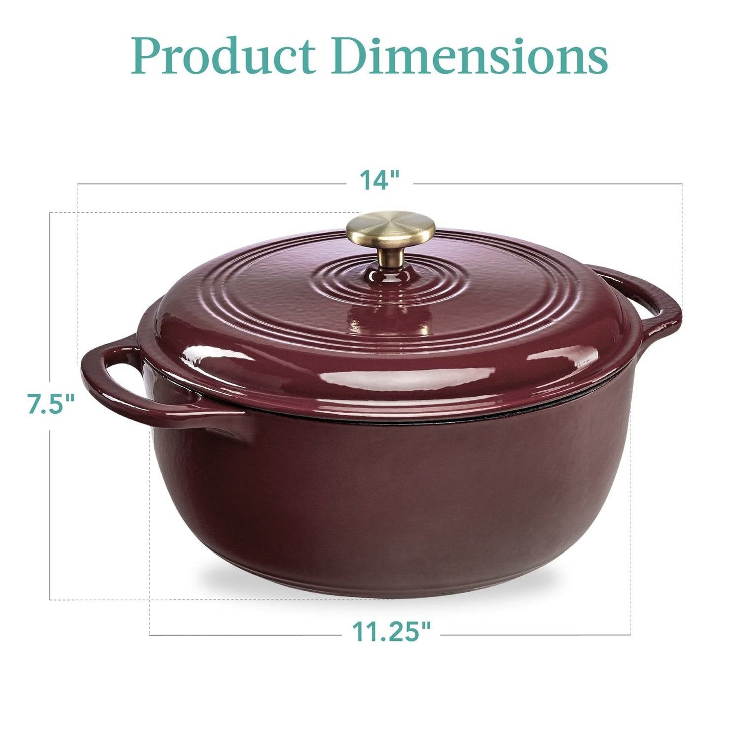 6 Quart Large Maroon Cabernet Red Enamel Cast-Iron Dutch Oven Kitchen Cookware with product dimensions 14x11.25x7.5 inches