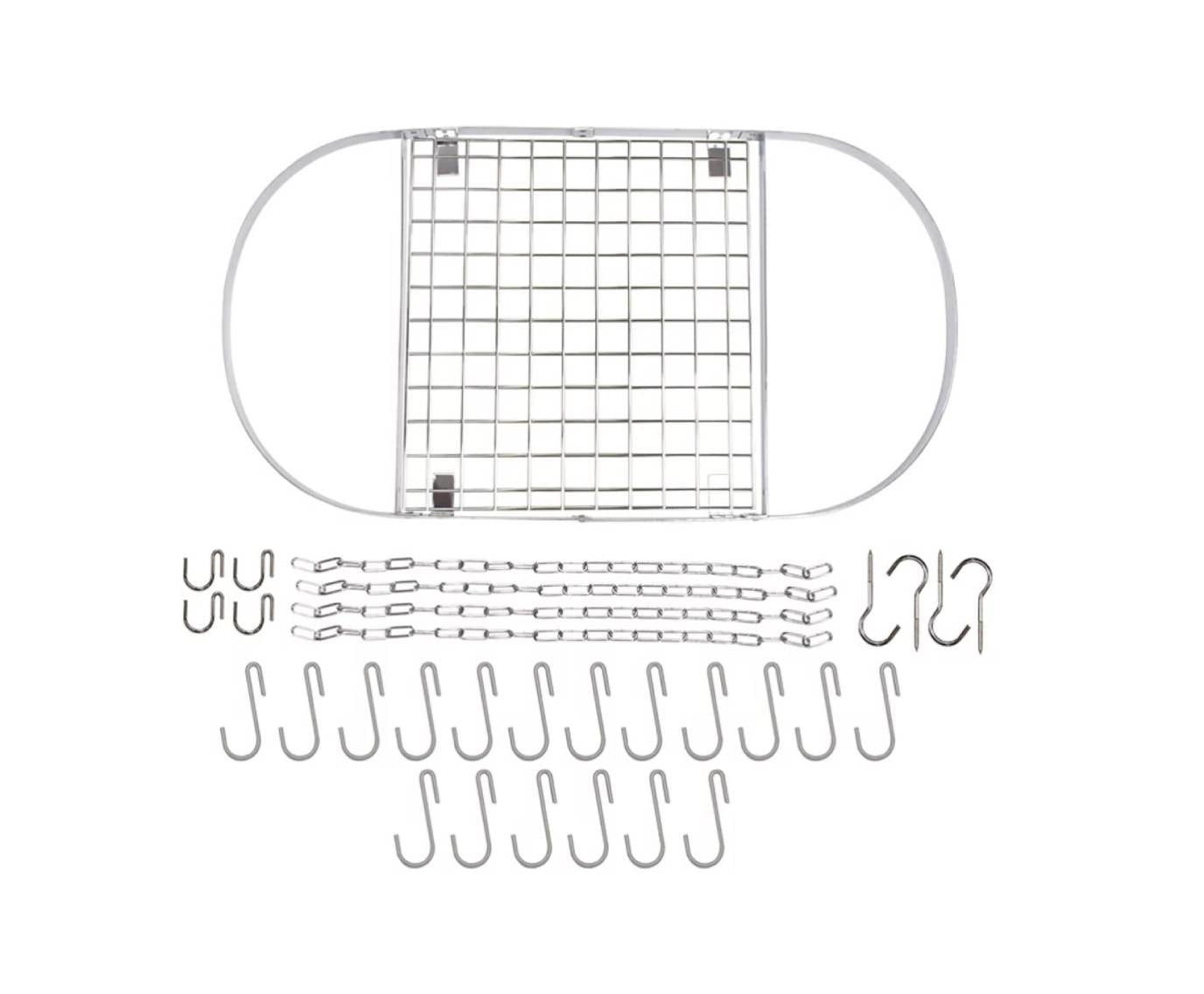 Modern Ceiling Mounted Stainless Steel Oval Hanging Pot Rack with hooks and grid for kitchen storage.