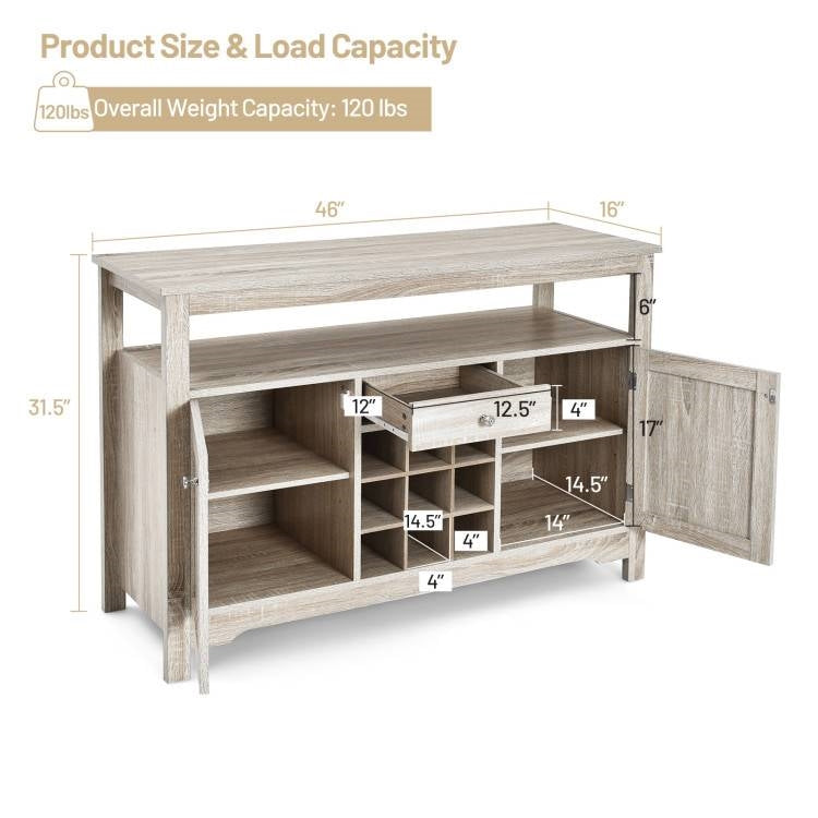 Grey Wood Sideboard Buffet Server Cabinet with Wine Rack and Storage Shelf showing measurements and 120 lbs weight capacity.