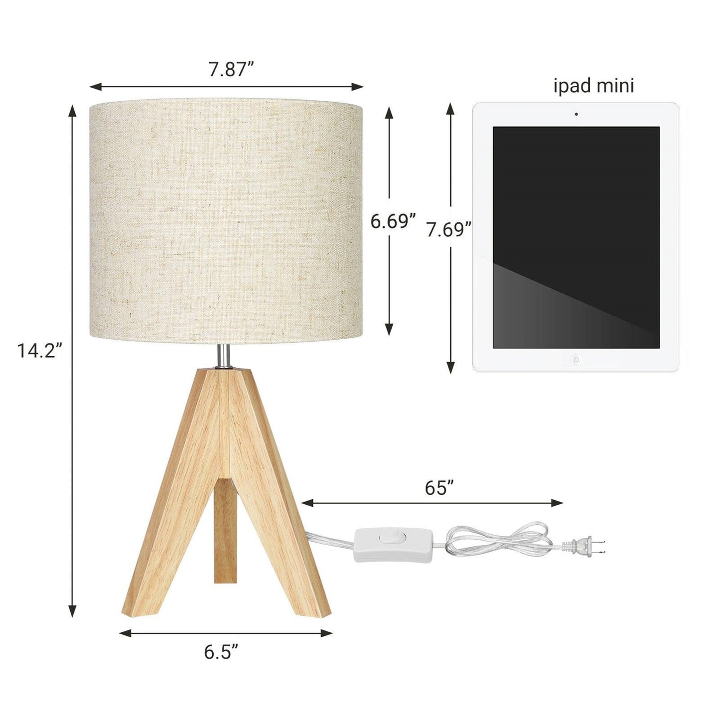 Set of 2 - Solid Wood Tripod Table Lamp with Beige Linen Drum Shade dimensions next to an iPad mini for size comparison.