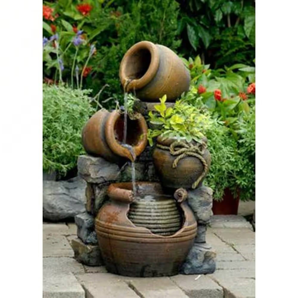 2-in-1 Outdoor Polyresin 15-Gallon Pouring Pots Water Fountain Planter with cascading water and planter pot, garden setting