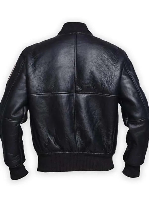 Men Sheepskin American Flag Bomber Black Leather Jacket
