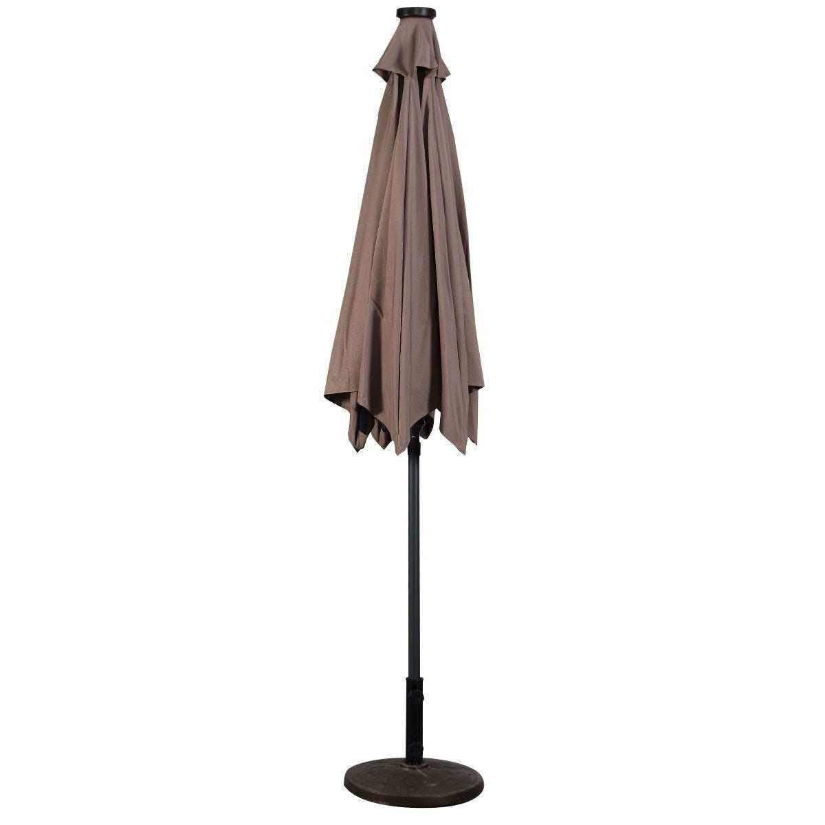 Tan 9-Ft Patio Umbrella with Steel Pole Crank Tilt and Solar LED Lights closed upright on stand