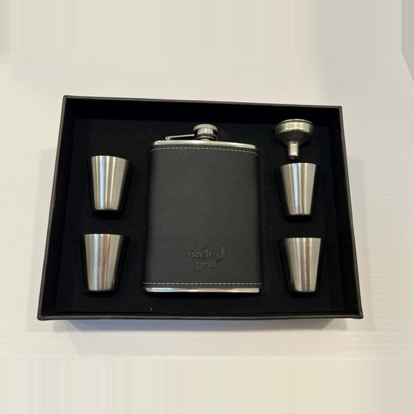 Birdie Juice Flask Set in gift box with steel flask, four shot glasses, and funnel, ideal golf accessory gift.