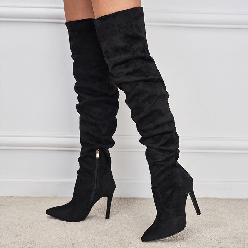 Pointed-Toe Suede Stiletto Boots with High Zipper — European / American Chic in black displayed against white background.
