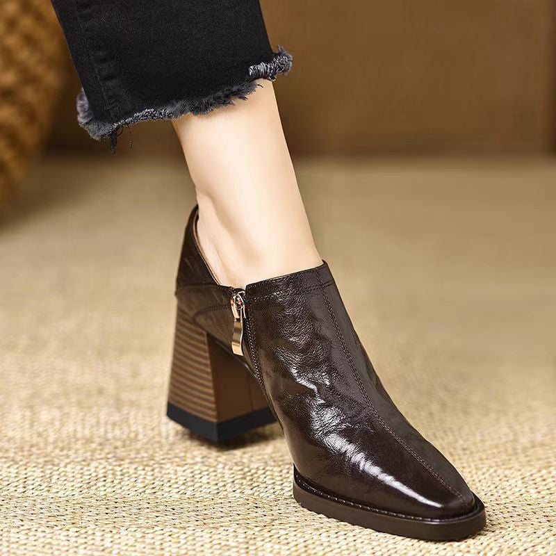 Brown Women’s Chunky-Heel High Heels with Side Zipper showing bold heel and easy zipper for style and comfort.