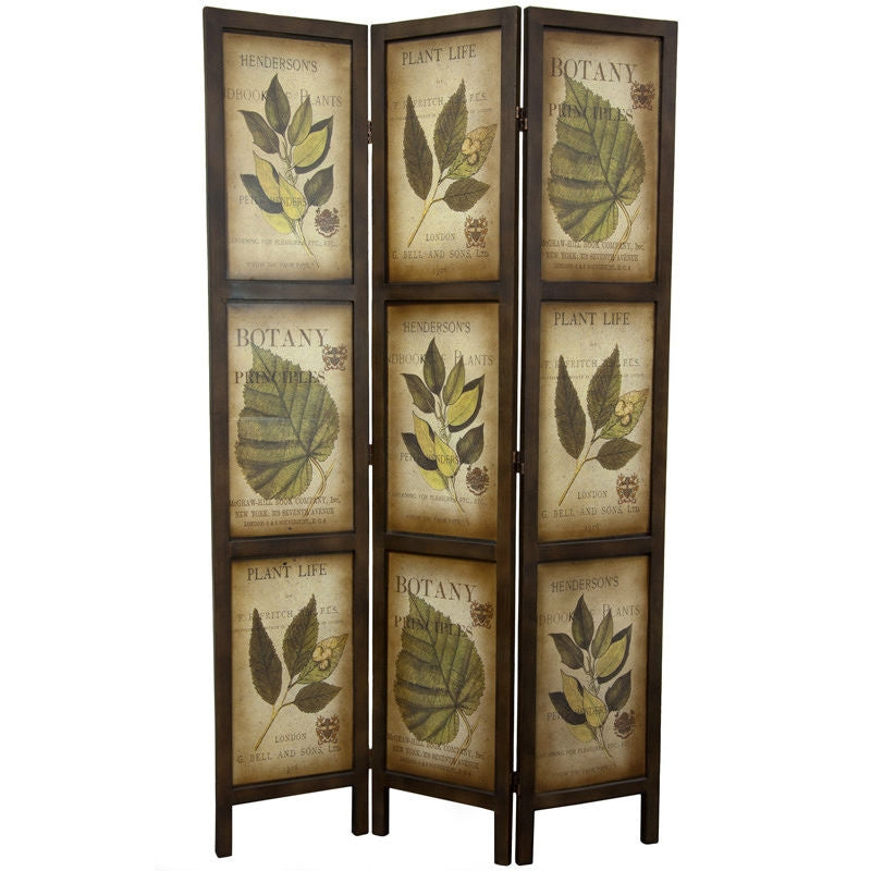 3-Panel Double Sided Floral Botany Plant Life Floral Leaves Room Divider with vintage botanical collage art design.
