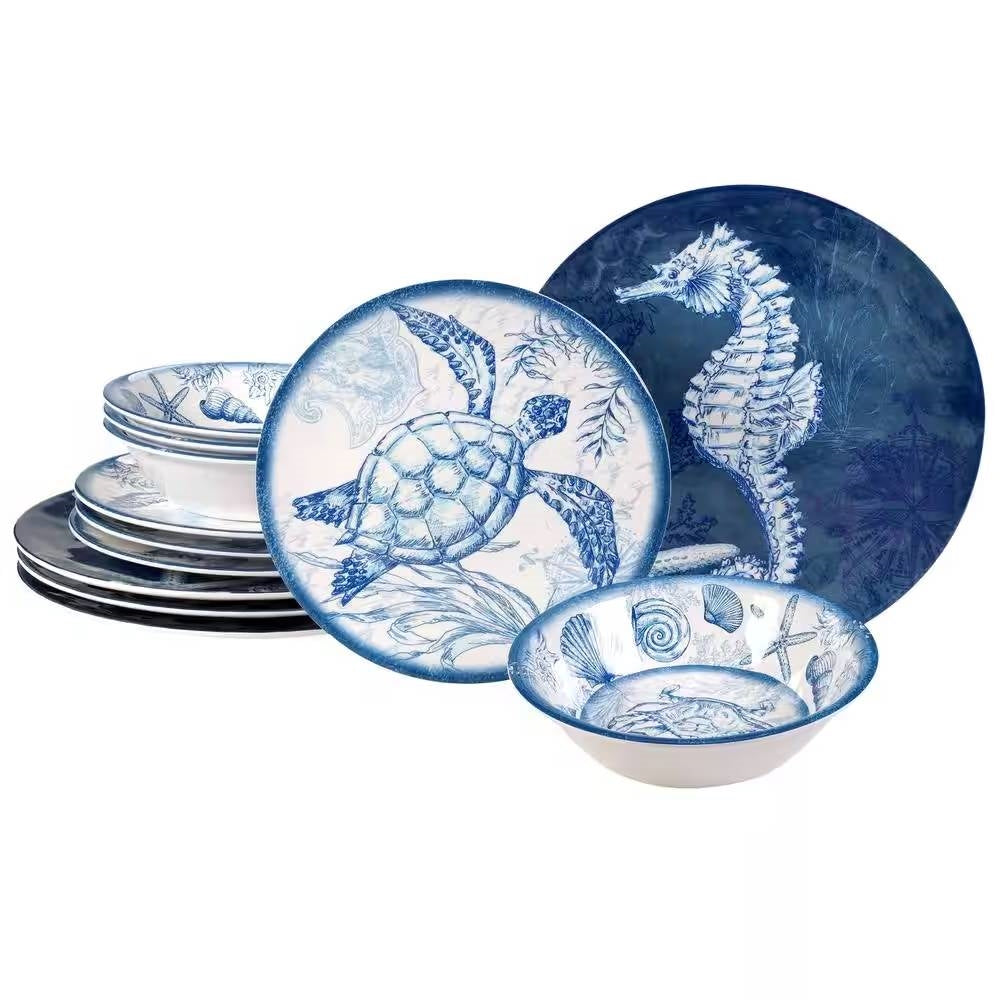 12-Piece Sea Shells Ocean Theme Dinnerware Set in Blue and White - Service for 4 featuring blue sea turtle and seahorse designs.
