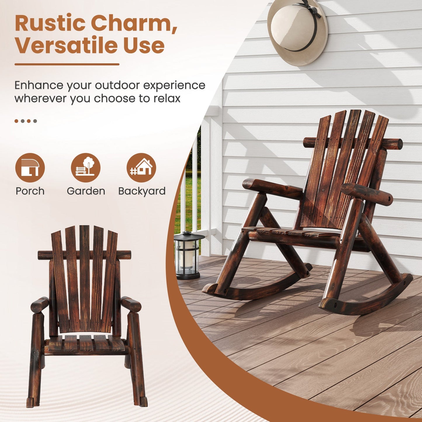 Outdoor Adirondack Rocking Chair for Adults Solid Wood Porch Rocker-Brown on a porch