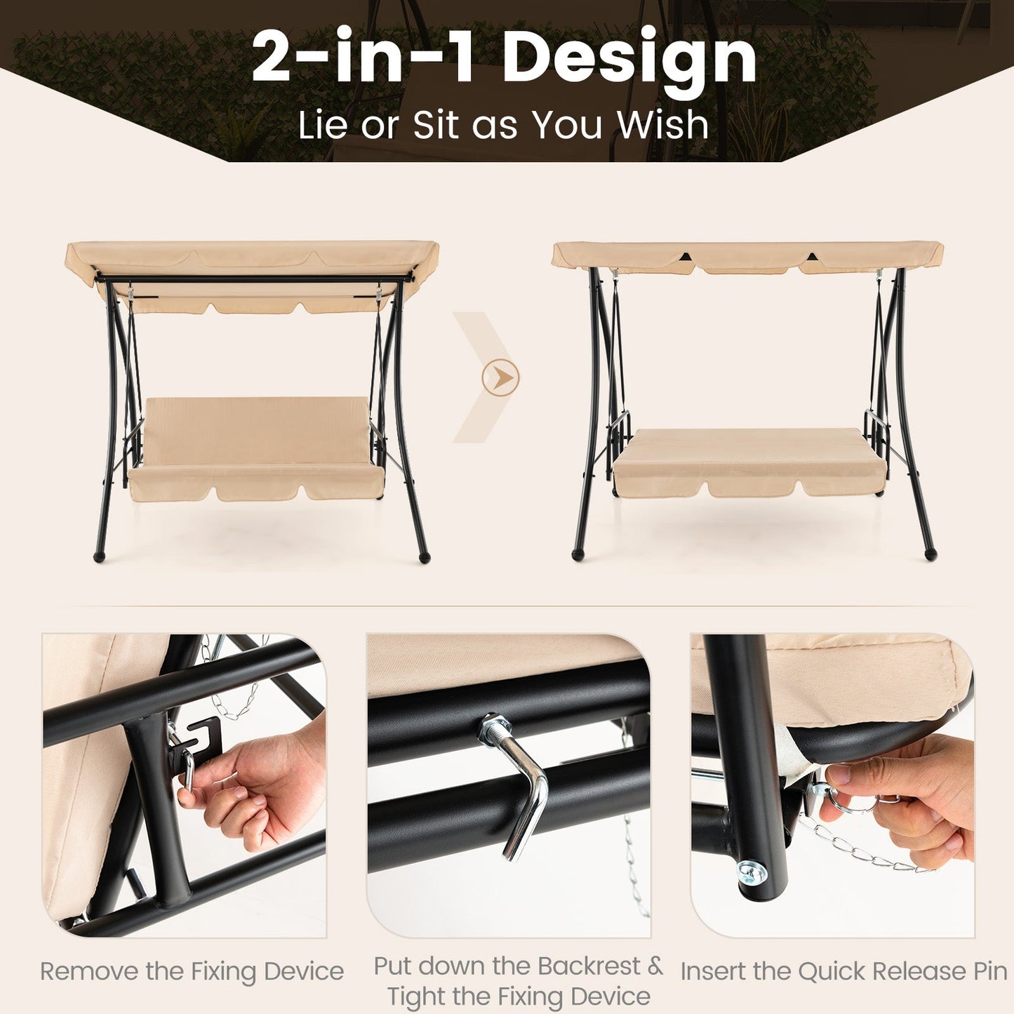 Adjustable setup of 2-Seat Outdoor Convertible Swing Chair with Flat Bed and Adjustable Canopy-Beige showcasing conversion process