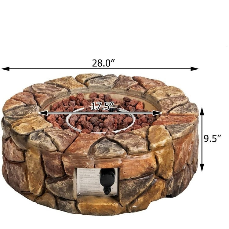 40,000 BTU Outdoor Circle Stone Gas Propane Fire Pit with lava rocks and adjustable flame, 28-inch diameter x 9.5-inch height