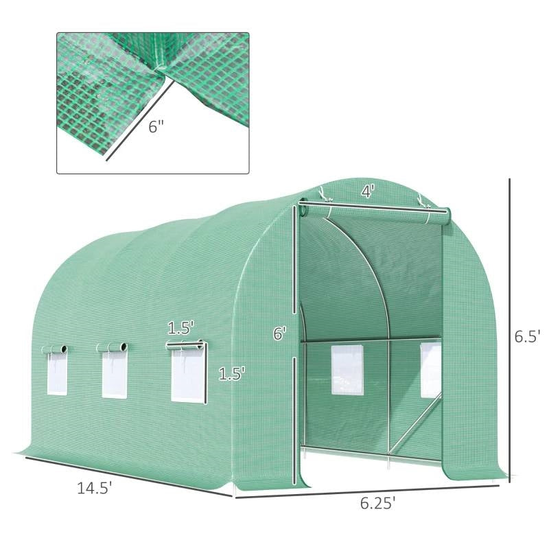 14.5 ft x 6.3 ft Outdoor Greenhouse with Green PE Cover and Sturdy Steel Frame, ideal for extending growing season.