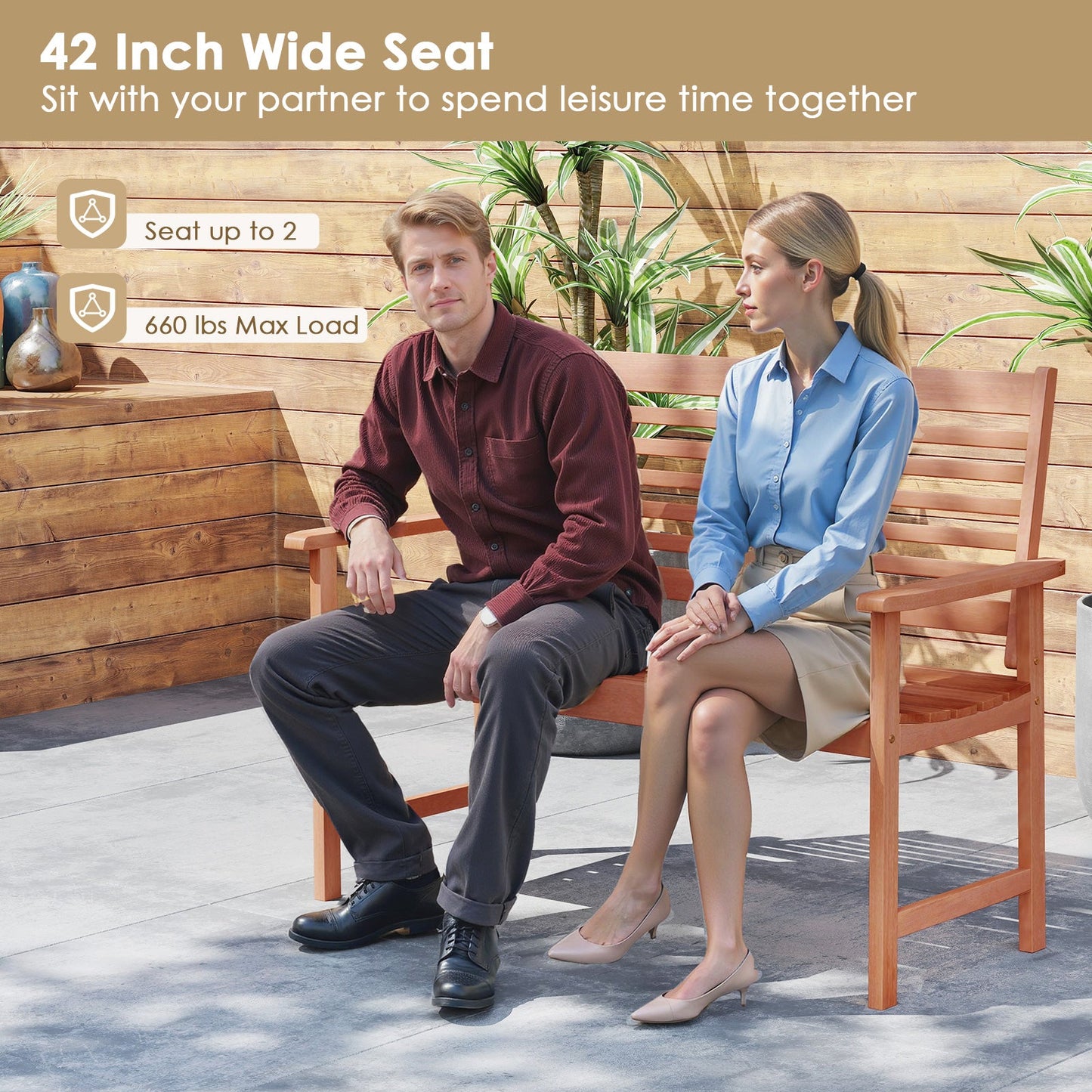 Patio Solid Wood Loveseat Outdoor 2-Seat Bench with Inclined Backrest and Slatted Seat in garden setting