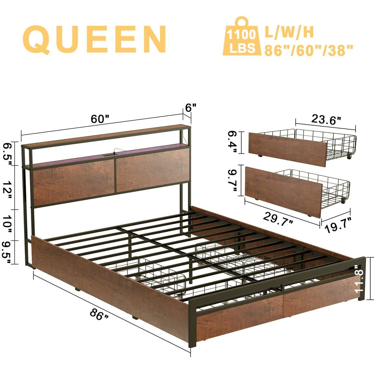 Queen size Platform Bed with Headboard and Storage Drawers in Brown Wood Finish dimensions and features displayed