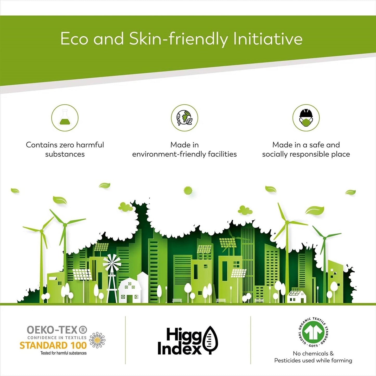 Eco-friendly initiative showcasing zero harmful substances, environment-friendly facilities, and socially responsible production.