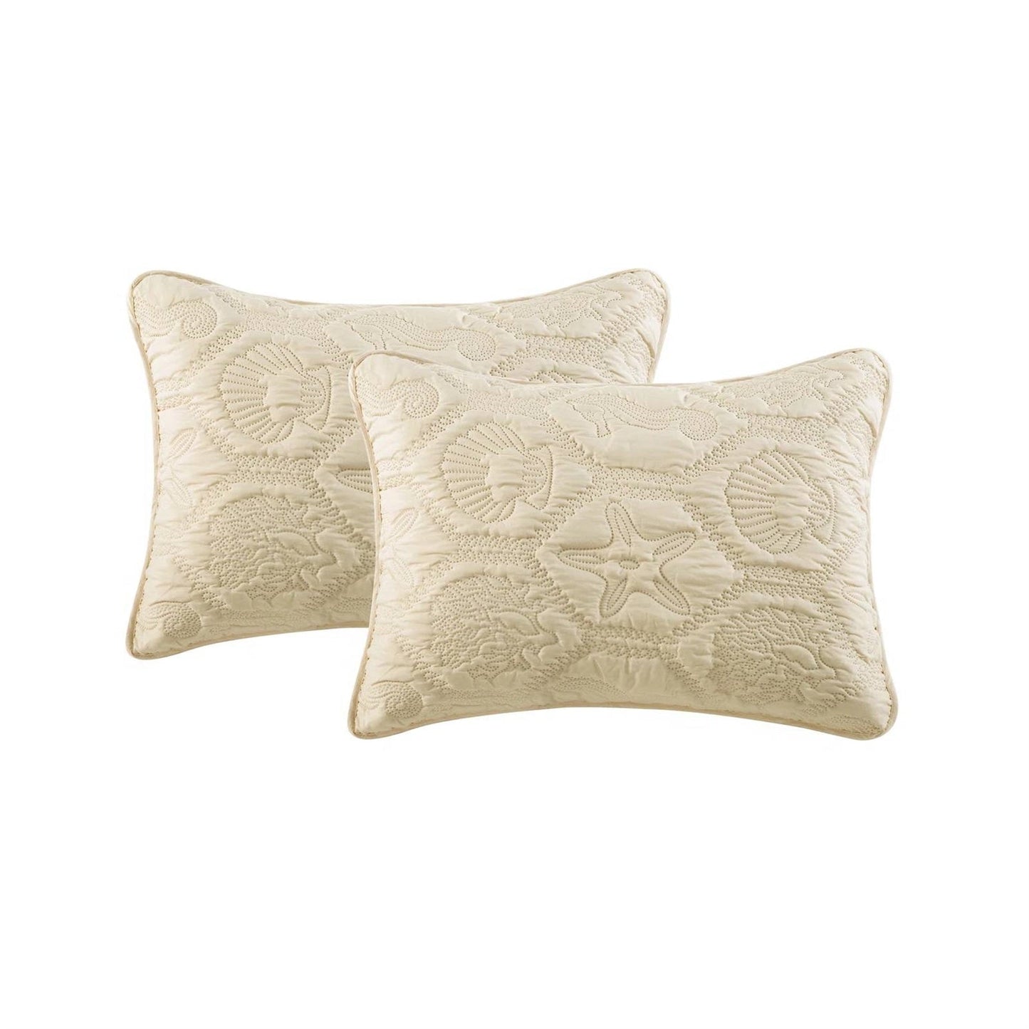 Queen Coastal Beach Starfish Seashells Seahorse Sand Tan 3-Piece Quilt Set shams with embossed sea life pattern